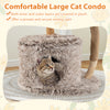 Cozy cat condo with plush covering and secure resting spot, part of a solid pear wood cat tree with multiple levels.
