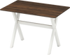 Modern dining table with a spacious wood grain surface and X-shaped white frame, ideal for kitchens and dining areas.
