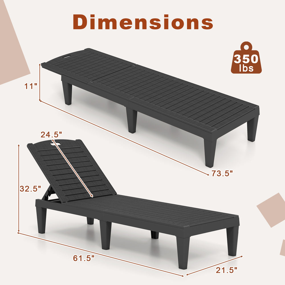 Dimensions of black outdoor PP chaise lounge chair with adjustable backrest, supports 350 lbs, ideal for poolside use.