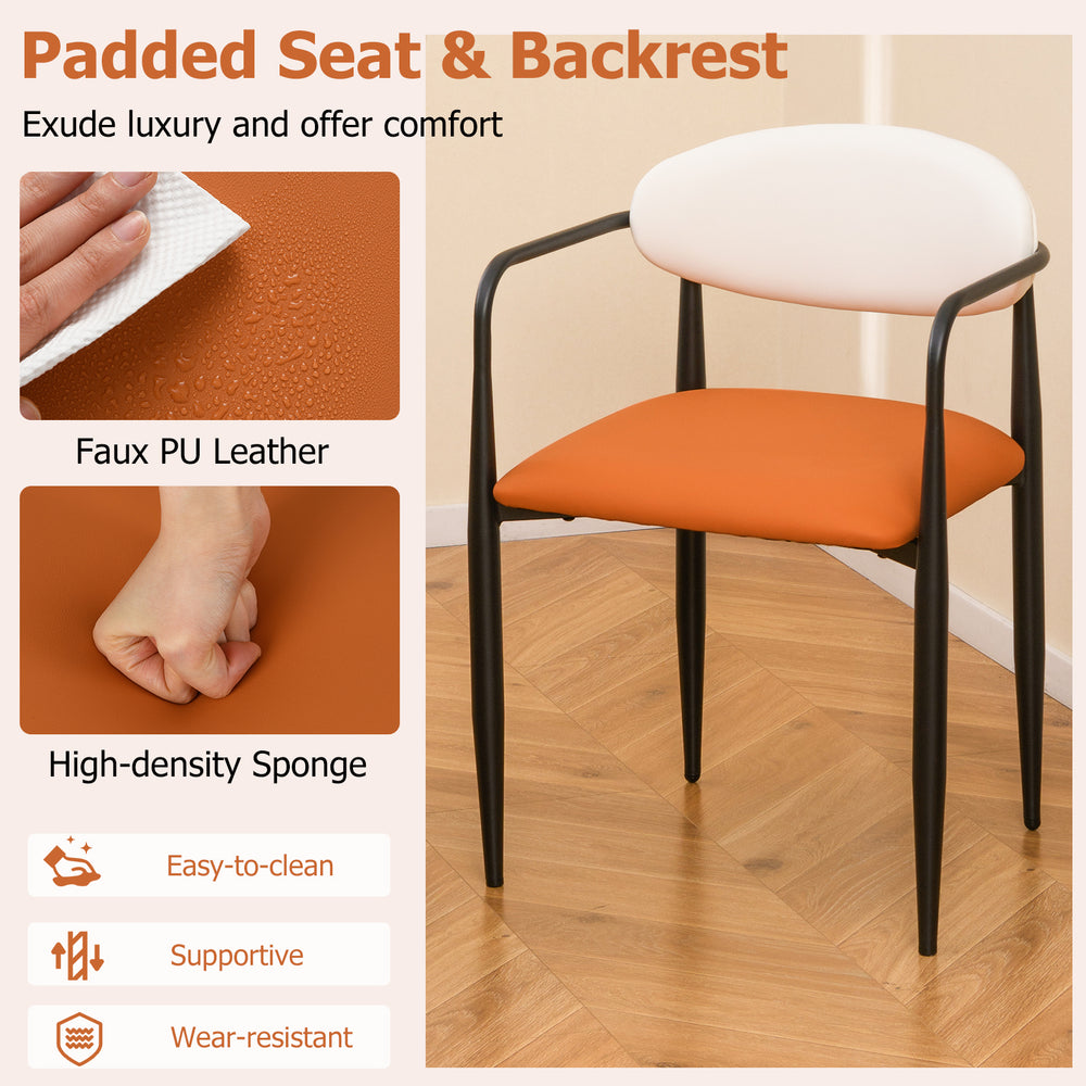 Modern dining chair with padded seat and curved backrest in orange faux PU leather, offering comfort and support.