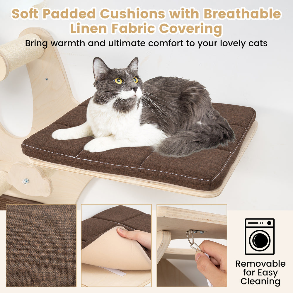 Brown padded cushion on a wall-mounted cat tower, made of breathable linen fabric for ultimate comfort and easy.