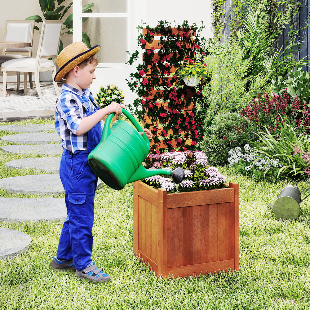 Outdoor wooden raised garden bed with trellis, featuring a smooth finish and ideal for growing plants and flowers.