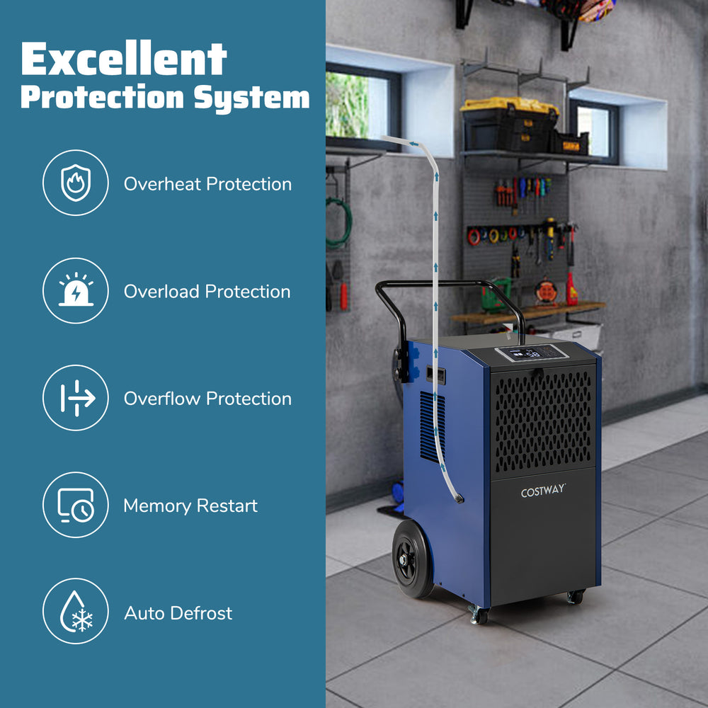 154 Pints commercial dehumidifier in blue with pump and drain hoses, ideal for large spaces up to 7000 sq.ft.