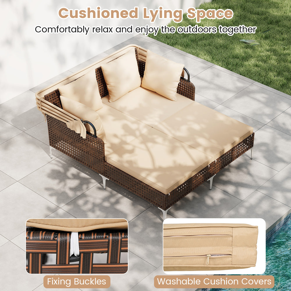 Cushioned outdoor daybed with retractable canopy in brown PE wicker, perfect for patio relaxation and sunbathing.