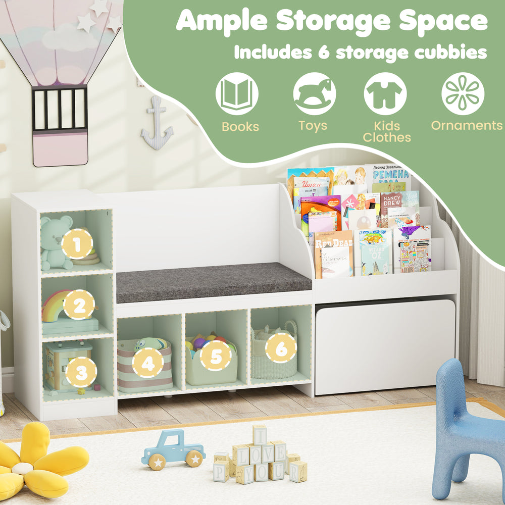 Kids bookcase with reading nook featuring 6 storage cubbies and a removable cushion for comfortable seating.
