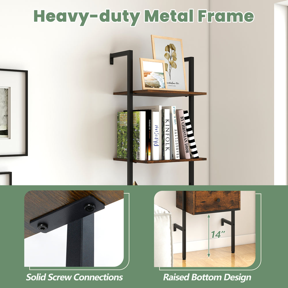 5-tier ladder bookcase with rustic brown shelves and heavy-duty metal frame, ideal for home office or study storage.