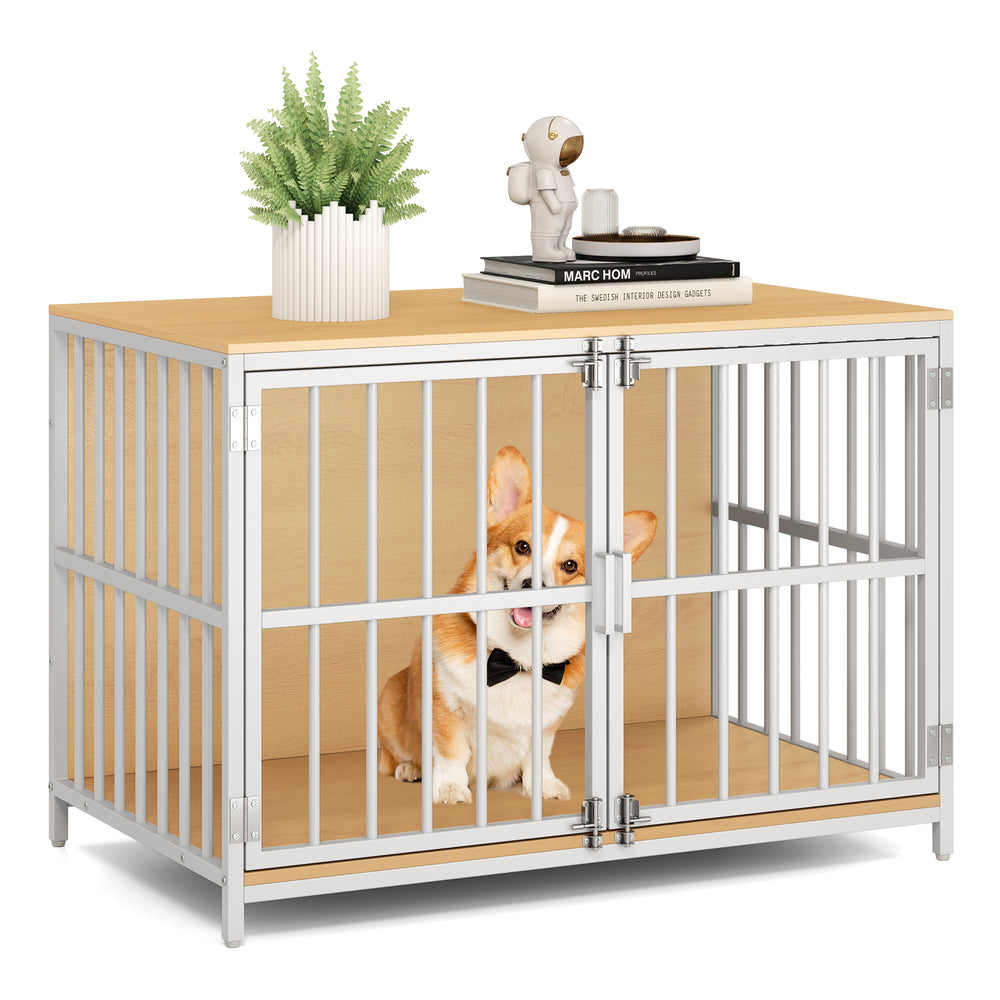 40-inch dog crate furniture featuring a natural wood top and dual lockable doors, perfect for pet containment and home.