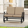 Outdoor 2-person glider rocking loveseat with thick brown cushions and sturdy metal frame, perfect for patio relaxation.
