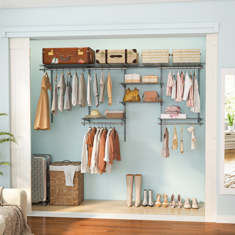 4-8 Feet Closet Organizers and Storage System with Hanging Rod for Laundry Bedroom-Grey - Gallery View 1 of 10