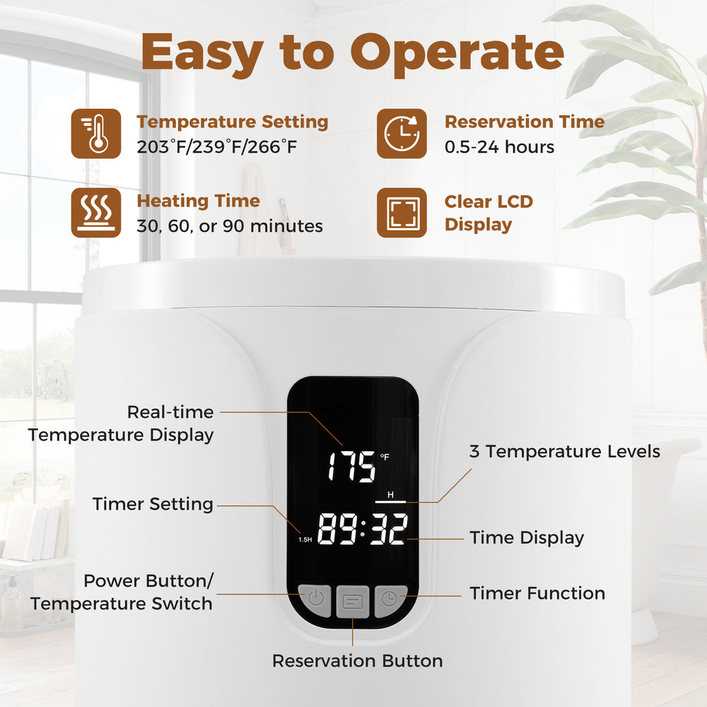 20L hot towel warmer bucket with clear LCD display, real-time temperature, and 30/60/90 min timer for spa-like comfort.