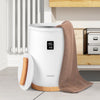 20L large heated towel warmer in white with LED display, wooden lid, and a towel draped over it for easy access.