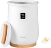 Large 20L heated towel warmer in white with LED display, bamboo base, and timer settings for family use.