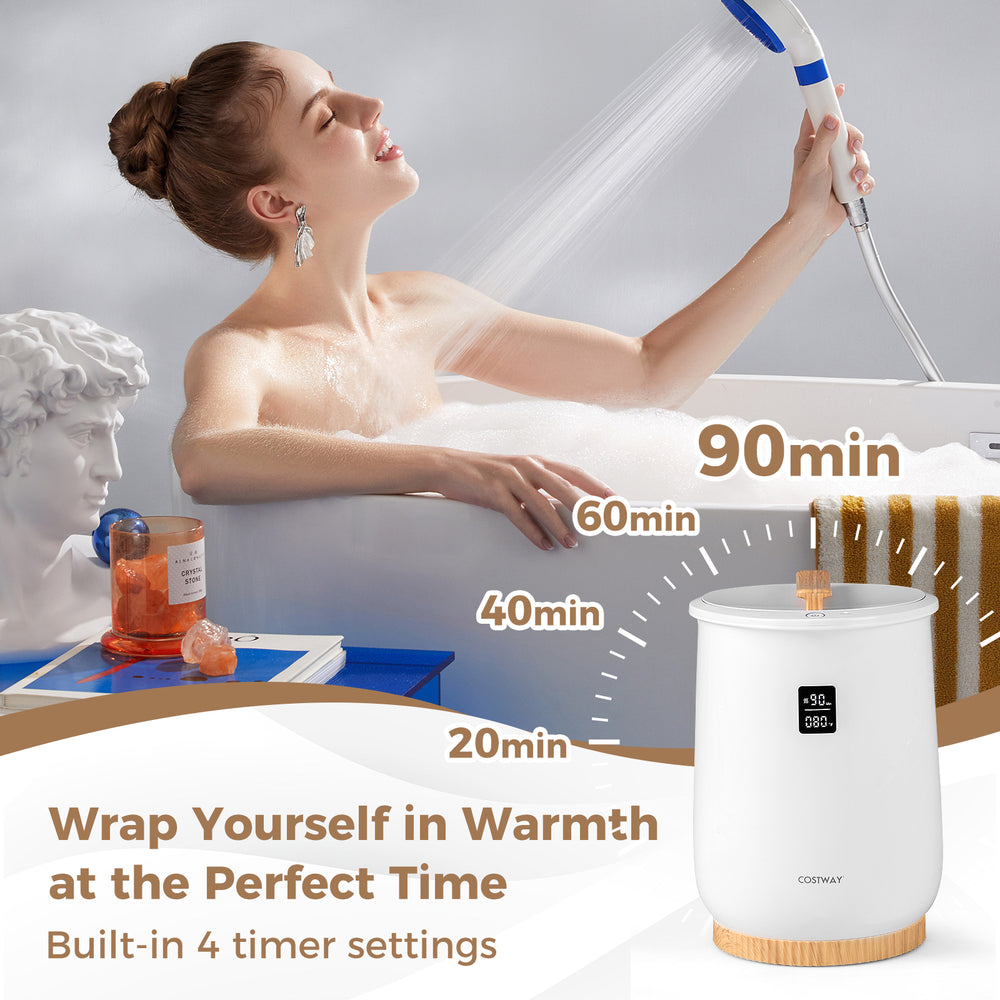 20L large heated towel warmer in white with LED display, featuring 4 timer settings for customizable warming.