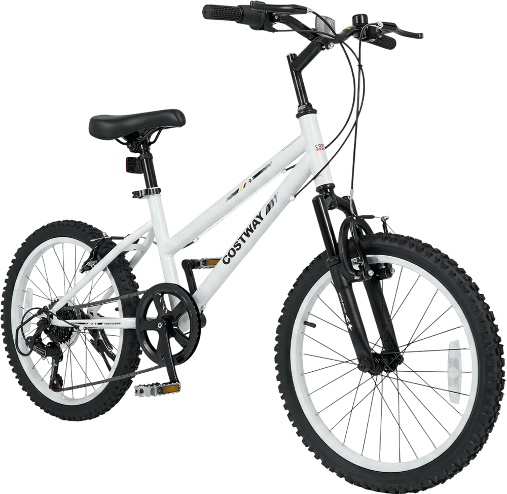 20-inch kids mountain bike in white with adjustable seat, 7-speed derailleur, and anti-slip tires for safe riding.