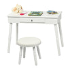 Kids vanity makeup table and chair set in white, featuring a drawer and soft cushion, perfect for children's playroom.