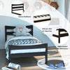 Twin size rustic platform bed frame in dark brown with concise headboard and sturdy pine wood slats for support.