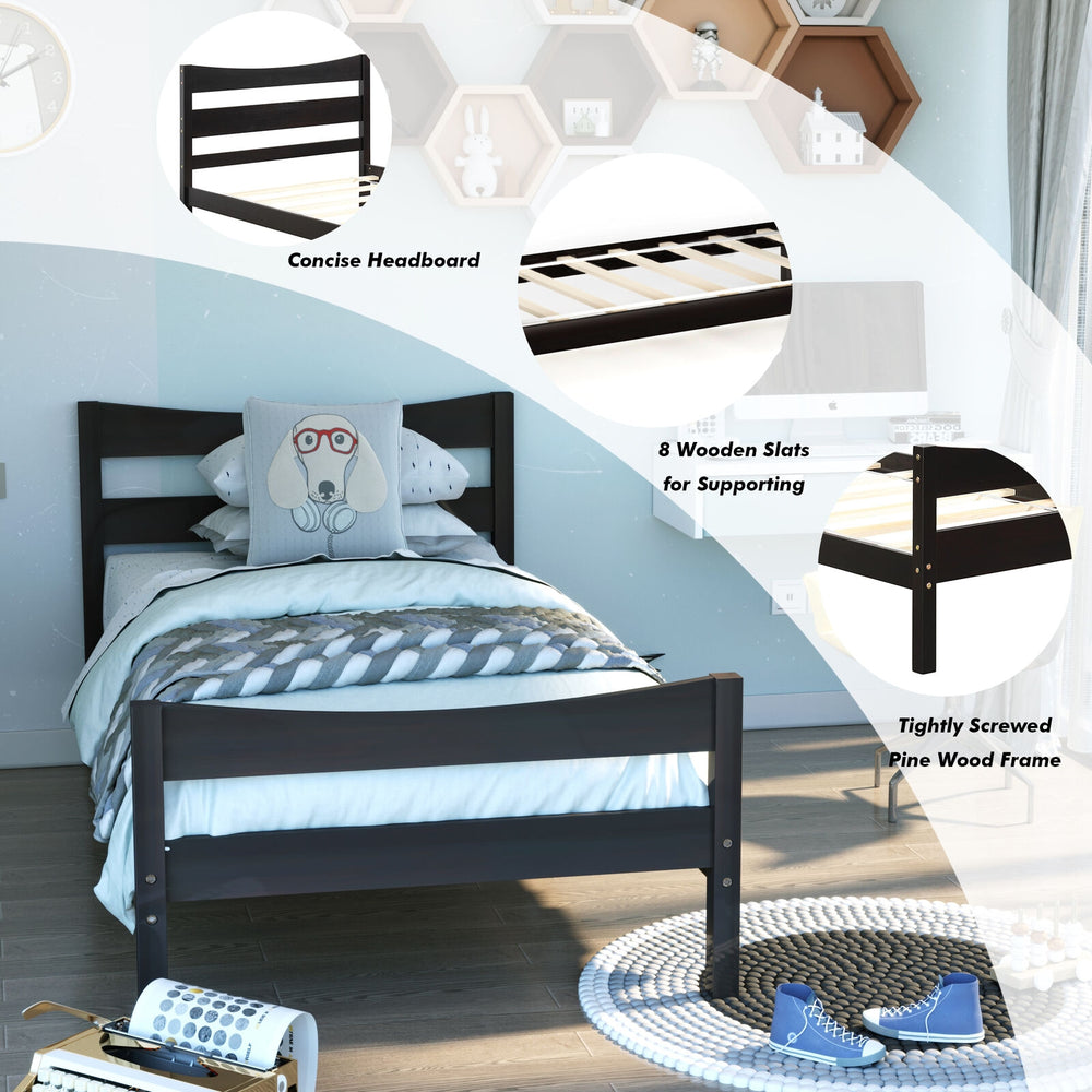 Twin size rustic platform bed frame in dark brown with concise headboard and sturdy pine wood slats for support.