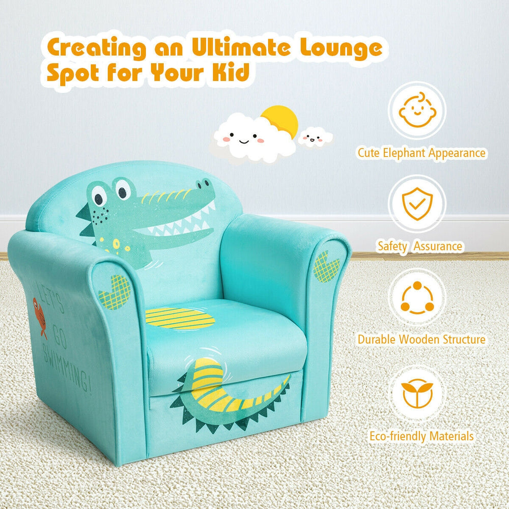 Kids crocodile armrest upholstered couch with cute design, sturdy wooden frame, and safety features for comfortable.