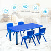 Kids plastic rectangular learn and play table in blue with four chairs, designed for daycares and home use.
