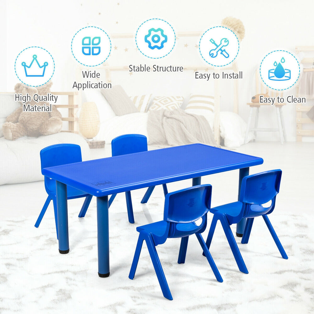 Kids plastic rectangular learn and play table in blue with four chairs, designed for daycares and home use.