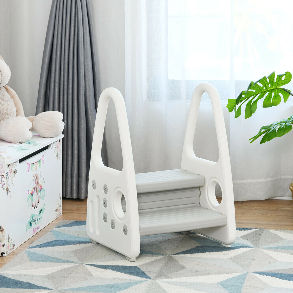 Kids step stool in gray with armrests, designed for potty training and independence, featuring non-slip steps for.