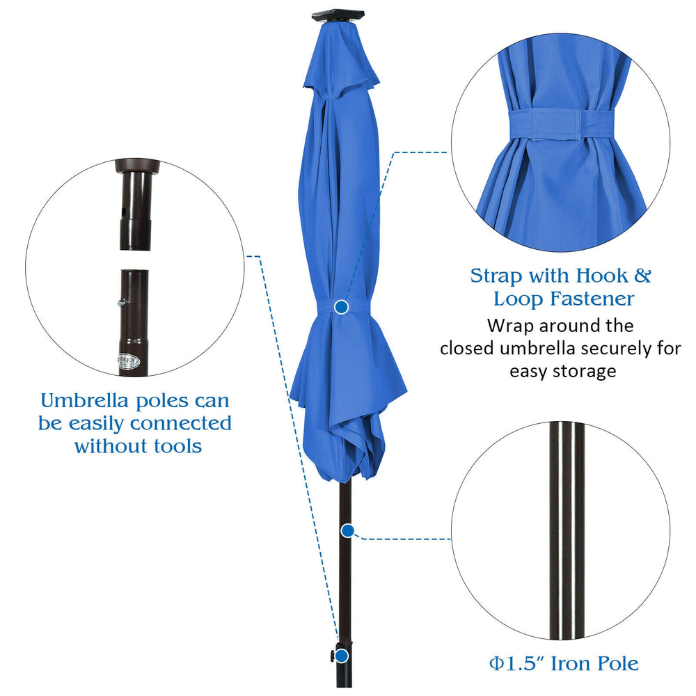 Blue 9-foot solar LED lighted patio umbrella with crank lift and hook & loop fastener for easy storage and tilt.