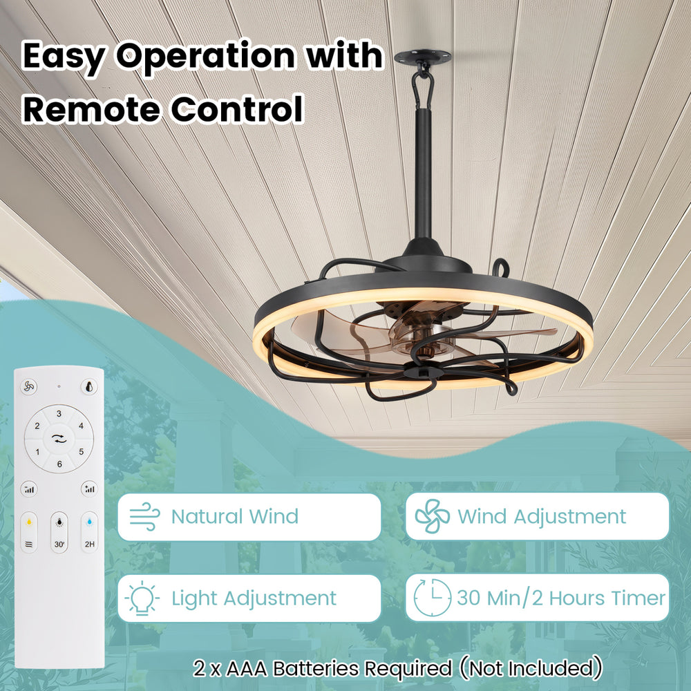 20” black ceiling fan with dimmable LED light, remote control, 6 speeds, and timer for year-round comfort.