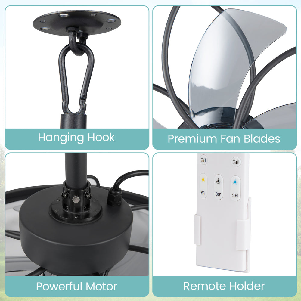 Close-up of the 20” ceiling fan with dimmable LED light, featuring a powerful motor, premium fan blades, and remote holder.