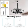20” black ceiling fan with dimmable LED light, 6 speeds, and two mounting options for versatile installation.