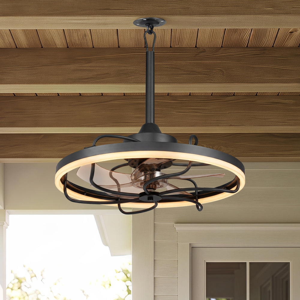 20” black ceiling fan featuring a dimmable LED light, 6 speeds, and a stylish design for year-round comfort.