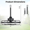 Product dimensions of the 20” black ceiling fan with dimmable LED light, featuring 6 speeds and a timer for versatile use.