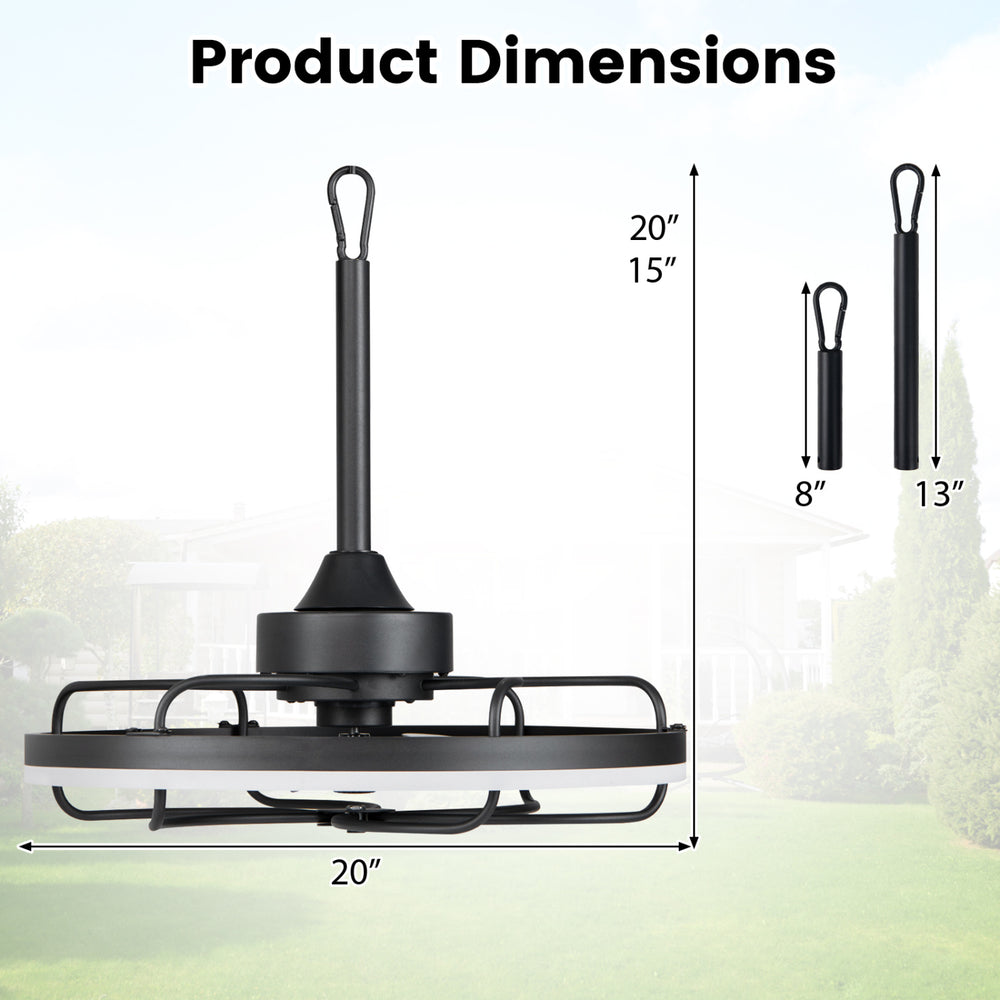 Product dimensions of the 20” black ceiling fan with dimmable LED light, featuring 6 speeds and a timer for versatile use.