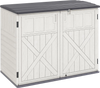 Horizontal resin storage shed in white with adjustable shelf, padlock latch, and step-on lock for outdoor organization.