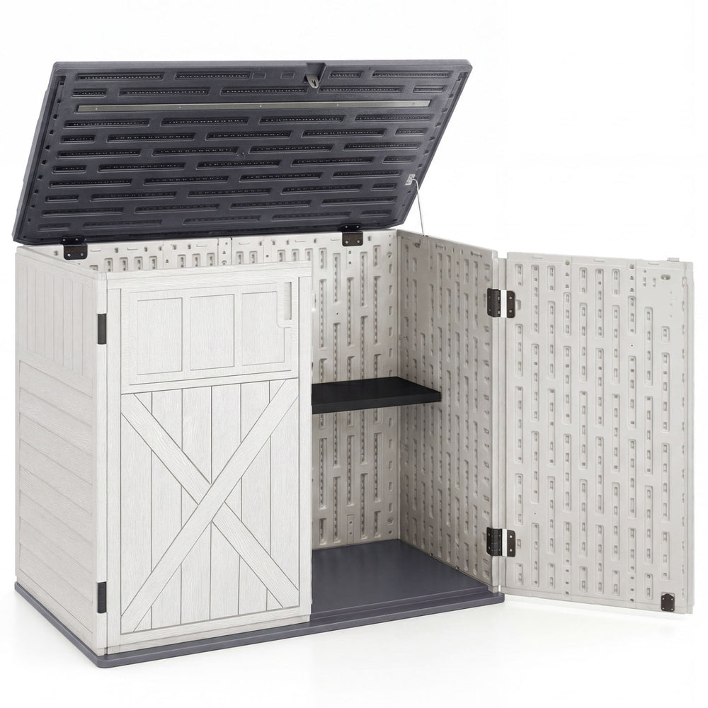 Horizontal resin storage shed with adjustable shelf, 20 cu.ft capacity, designed for garden tools and outdoor.