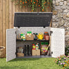 Horizontal resin storage shed with adjustable shelf, featuring a large capacity for garden tools and pool accessories.