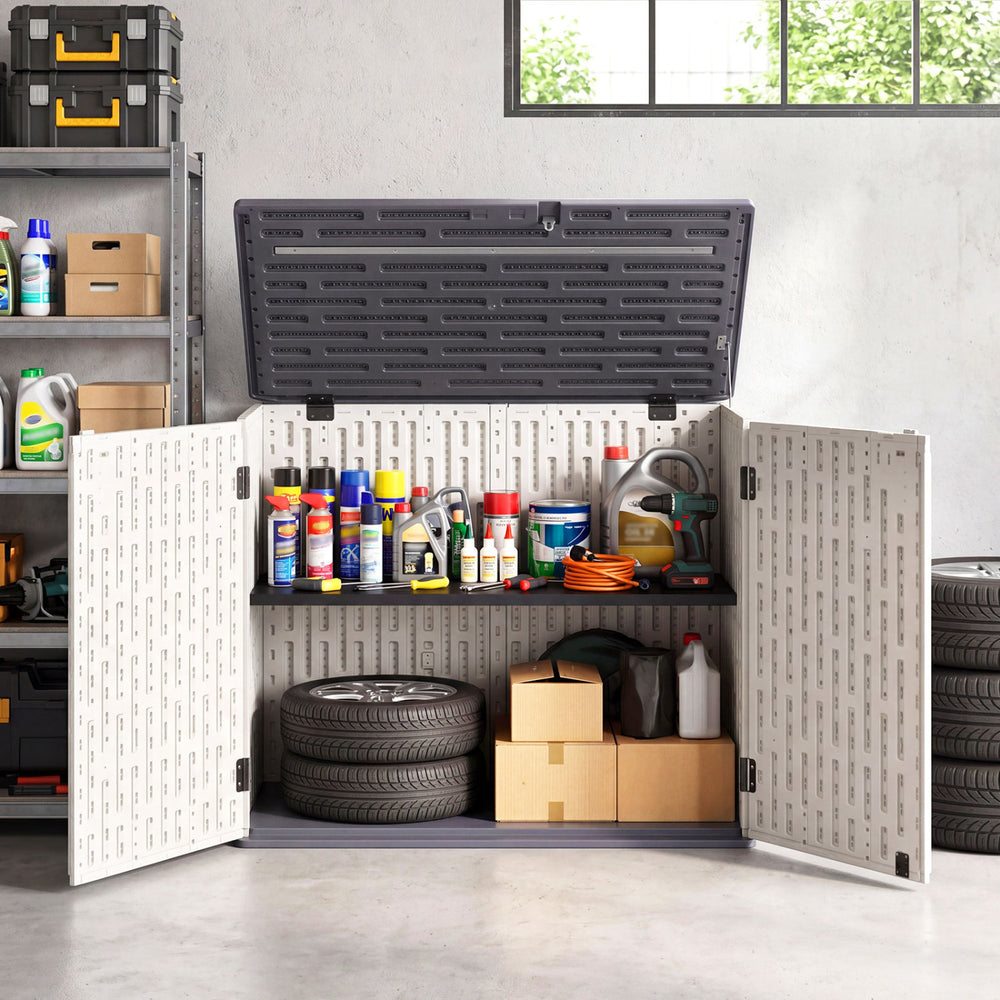 Horizontal resin storage shed with adjustable shelf, featuring a padlock latch and ample space for tools and.
