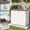 Horizontal resin storage shed with padlock latch and step-on lock, ideal for garden tools and outdoor accessories.