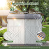 Horizontal resin storage shed in white with adjustable shelf, anti-crack, drizzle-proof, ideal for outdoor use.