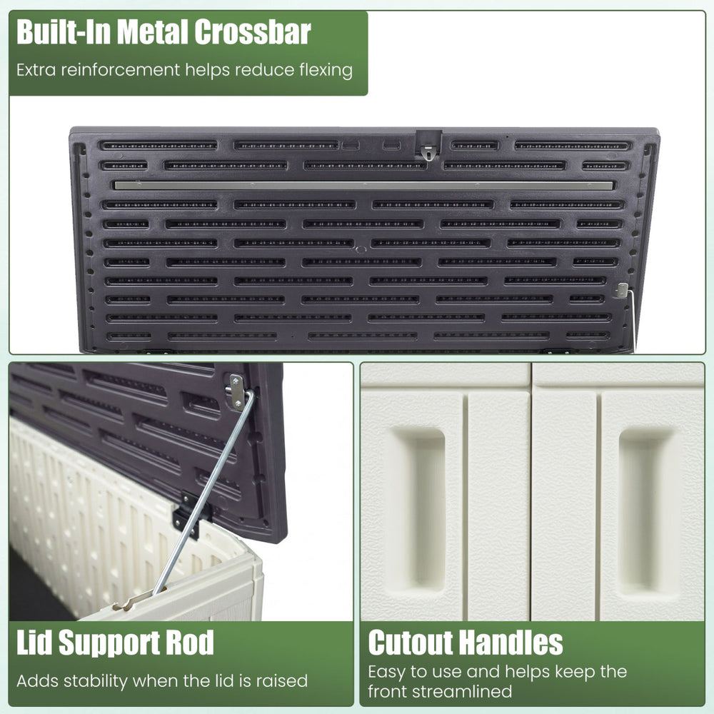 Lid support rod and cutout handles of a 20 cu.ft horizontal resin storage shed for easy access and stability.