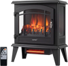 Freestanding black electric fireplace stove with 3D flame effect, remote control, and 1400W heating for cozy warmth.