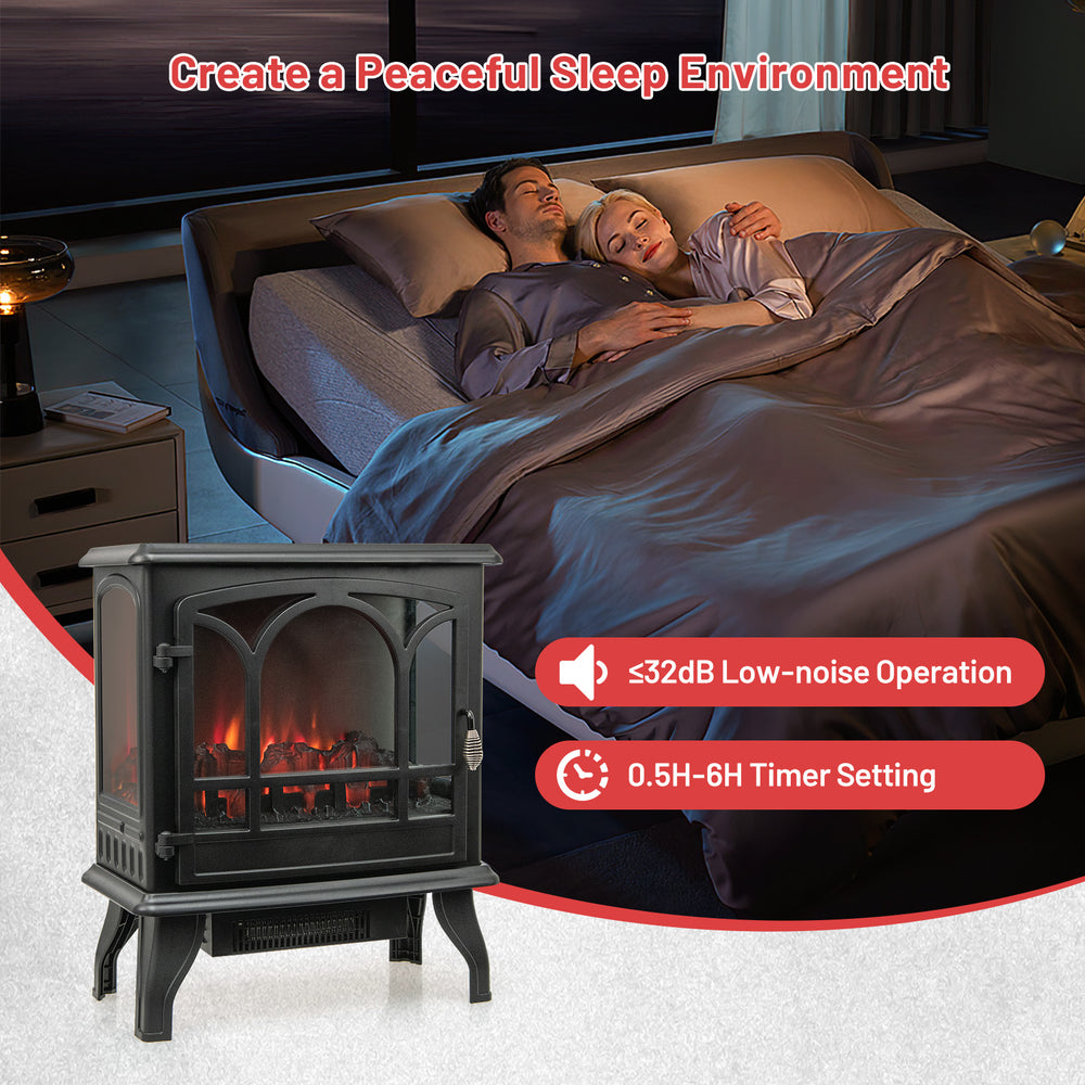 Electric stove heater with 3-level flame effect, 3-sided view, and compact design for cozy bedroom ambiance.