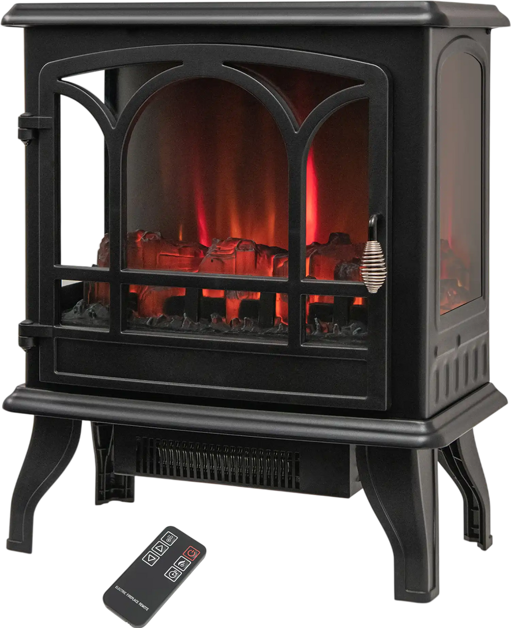 1400W electric stove heater in black with 3-sided view, remote control, and vivid flame effect for cozy home decor.
