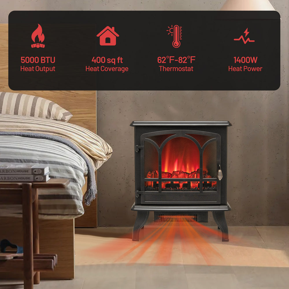 1400W electric stove heater with 3-sided view and vivid flame effect, ideal for cozy living rooms and bedrooms.