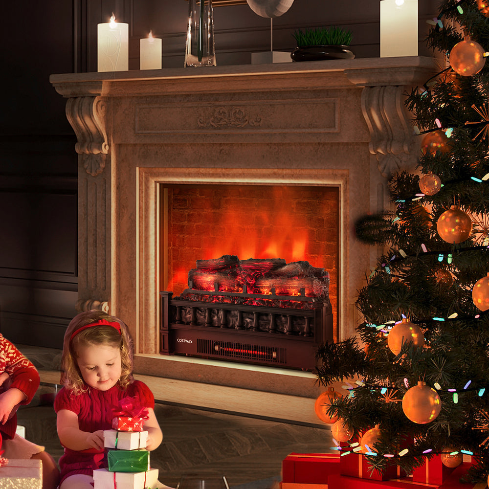 20-inch electric fireplace heater with realistic pinewood ember bed, providing warmth and ambiance for cozy holiday.