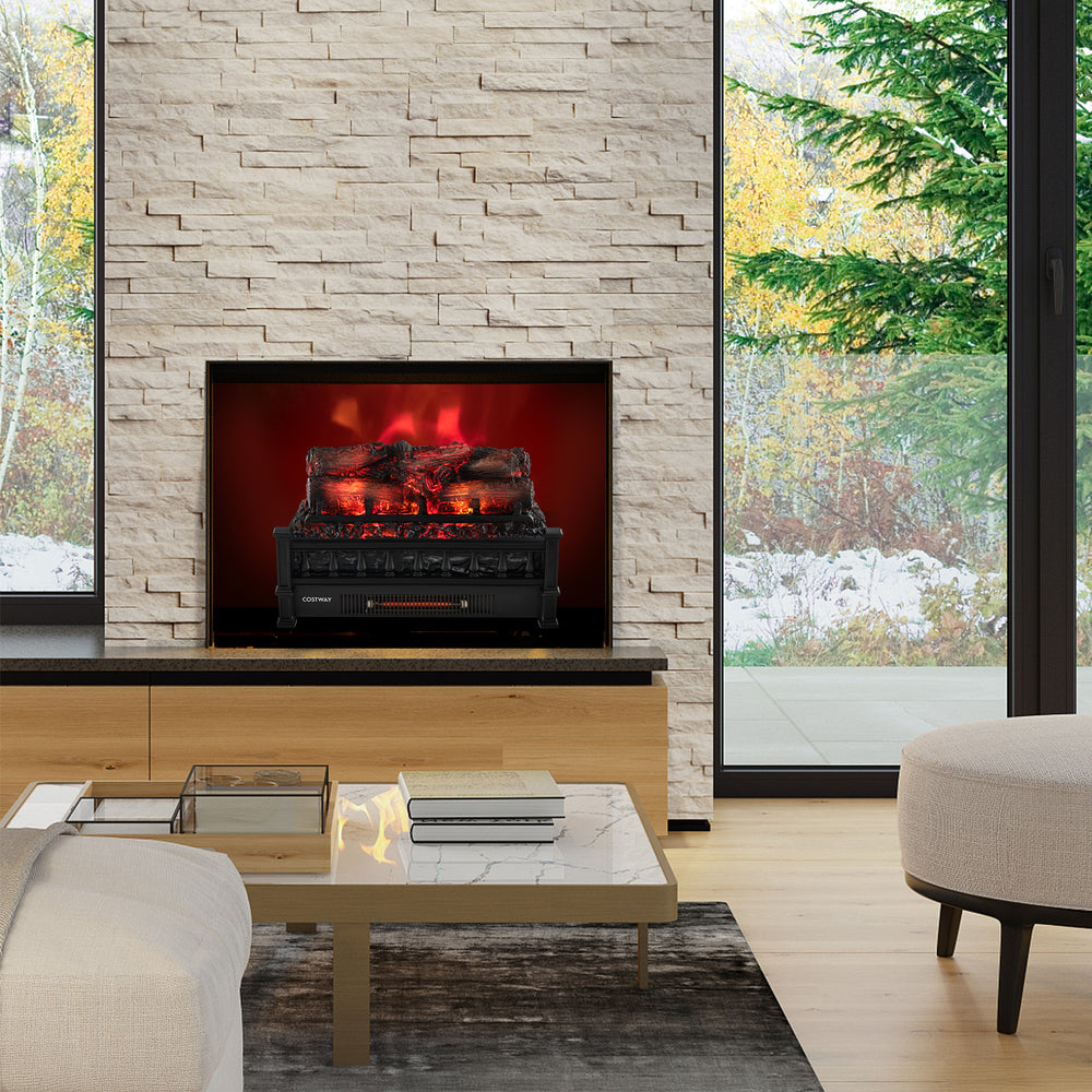 20-inch electric fireplace heater with realistic pinewood ember bed, providing warmth and ambiance in a stylish living.