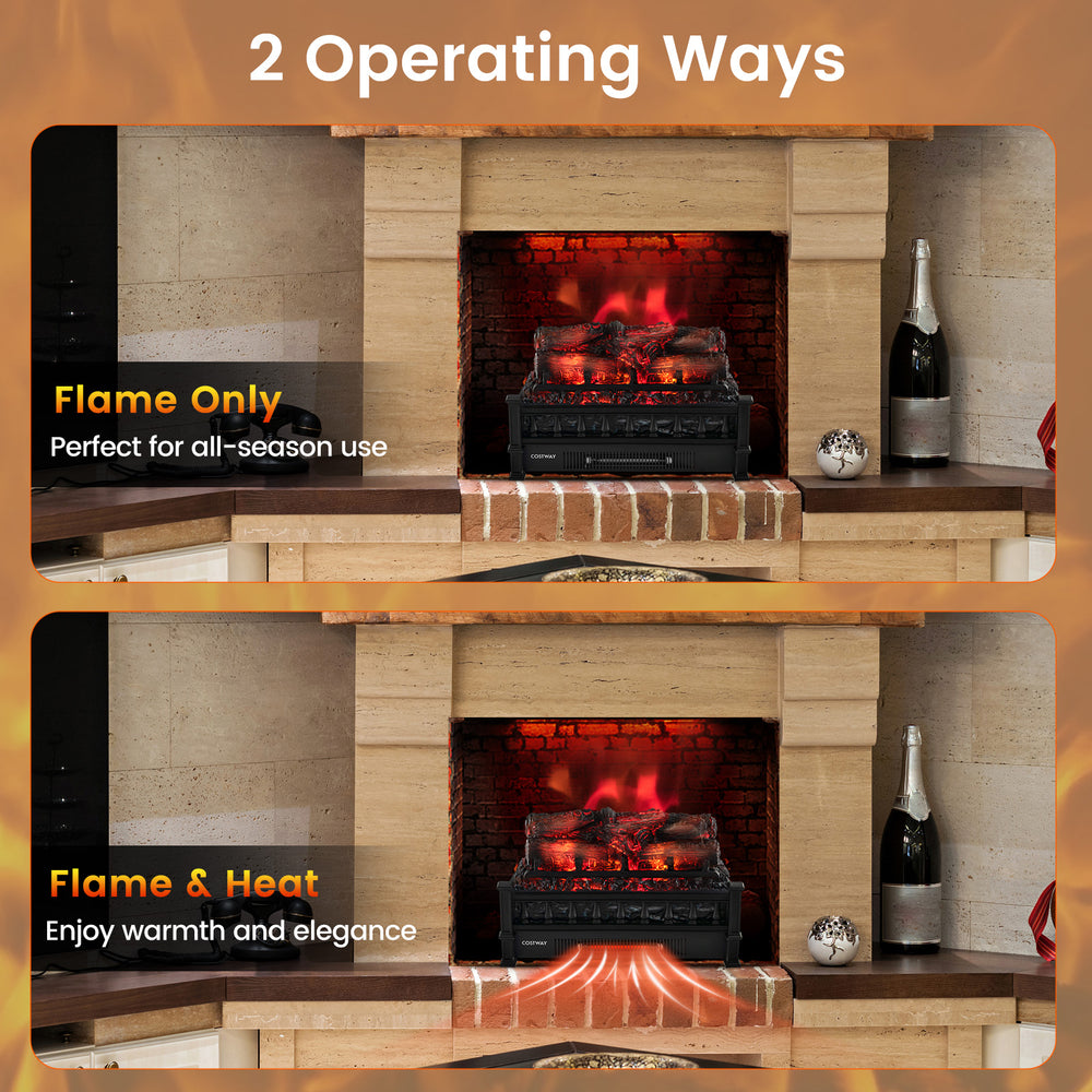 20-inch electric fireplace heater with realistic pinewood ember bed, showcasing flame only and flame & heat options for.