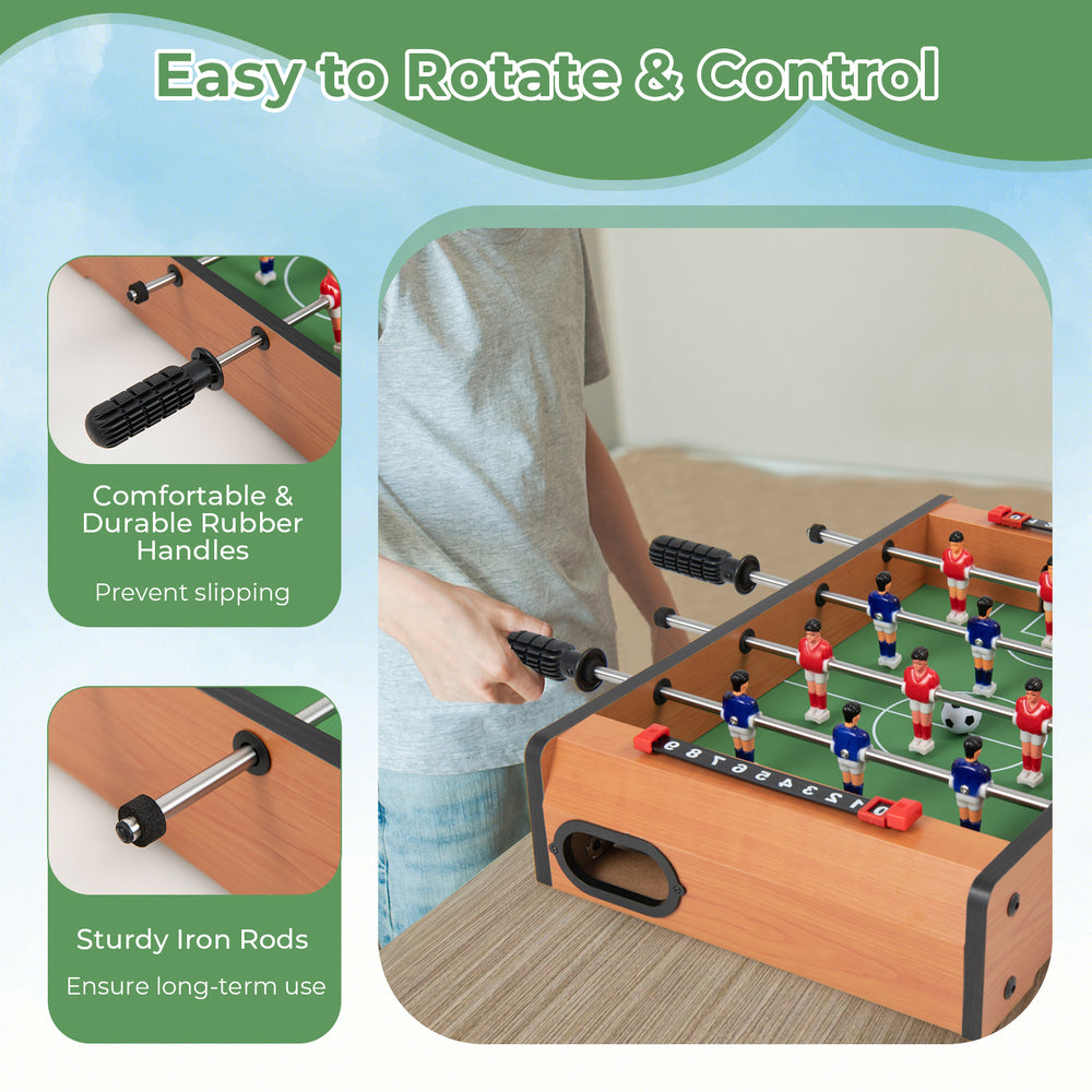 Close-up of the 20-inch indoor soccer table showing sturdy iron rods and comfortable rubber handles for easy control.