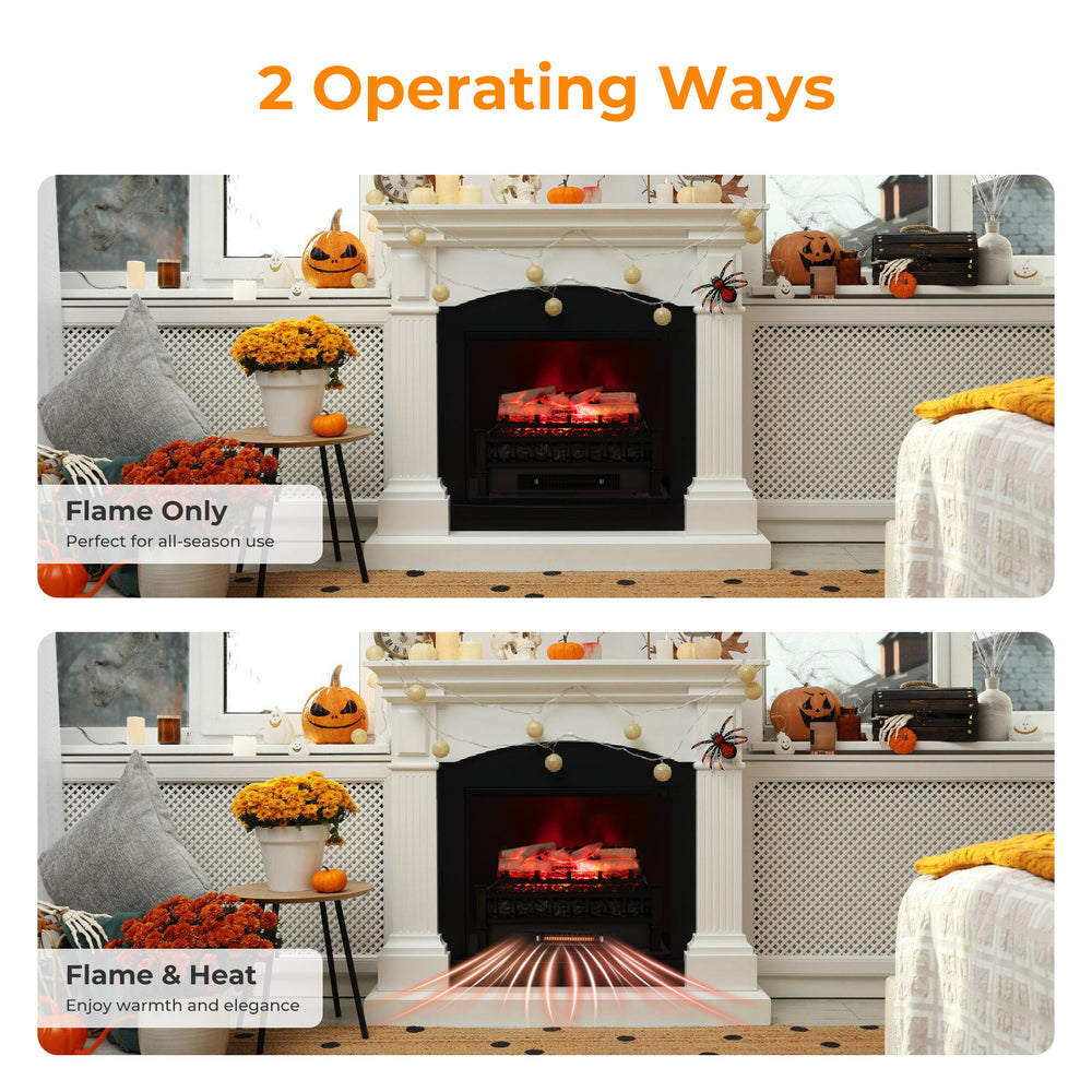 20-inch electric fireplace heater with realistic birchwood ember bed, showcasing flame only and flame with heat options.