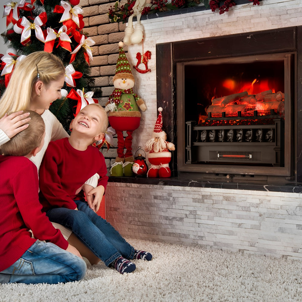 20-inch electric fireplace heater with realistic birchwood ember bed, providing warmth and ambiance for cozy family.