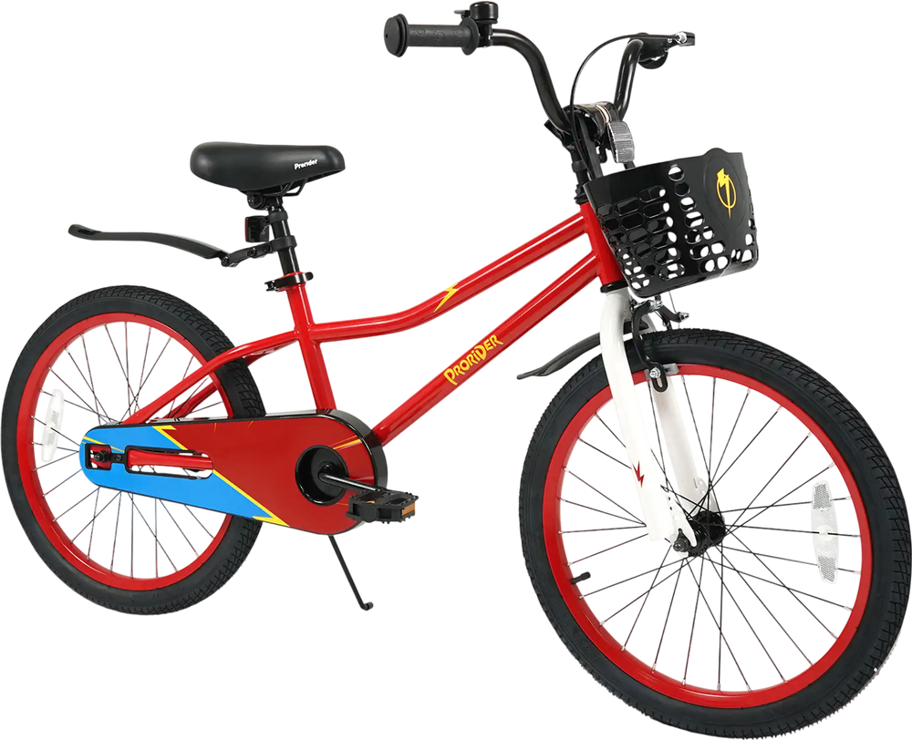 20-inch red kids bike with adjustable seat, kickstand, storage basket, and hand brakes for ages 8 and up.